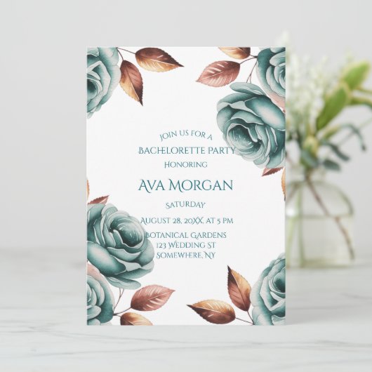 Teal Roses and Copper Leaves Bachelorette Party 招待状 (スタンド正面)