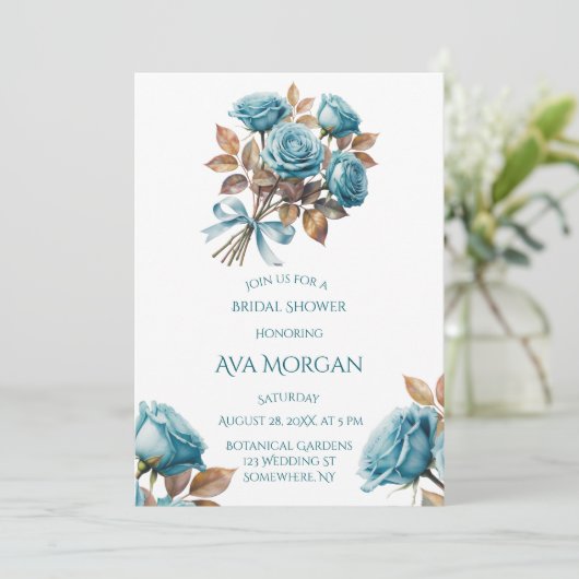 Teal Roses and Copper Leaves Bridal Shower 招待状 (スタンド正面)