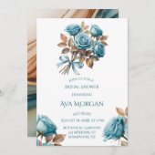 Teal Roses and Copper Leaves Bridal Shower 招待状 (正面/裏面)