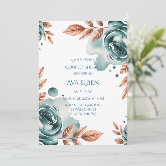 Teal Roses and Copper Leaves Couples Shower 招待状 (スタンド正面)