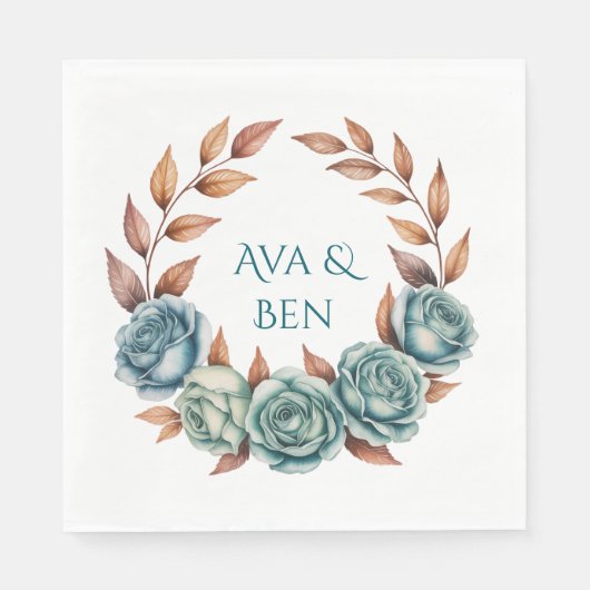 Teal Roses and Copper Leaves Wedding スタンダードランチョンナプキン (正面)