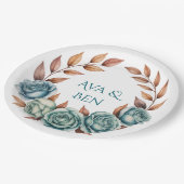 Teal Roses and Copper Leaves Wedding ペーパープレート (アングル)