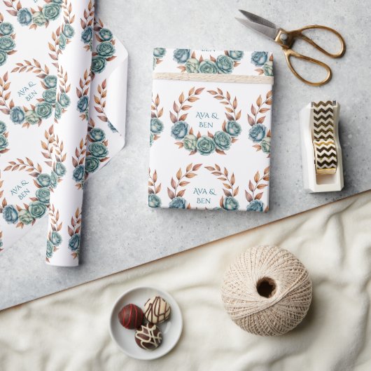 Teal Roses and Copper Leaves Wedding ラッピングペーパー (クラフト)