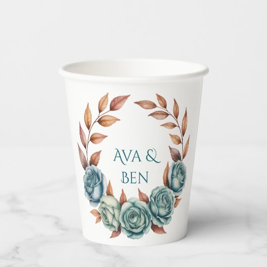 Teal Roses and Copper Leaves Wedding 紙コップ (裏面)