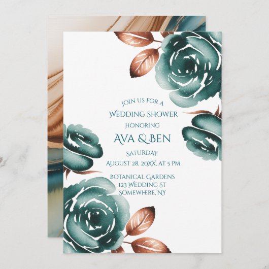Teal Roses and Copper Leaves Wedding Shower 招待状 (正面/裏面)