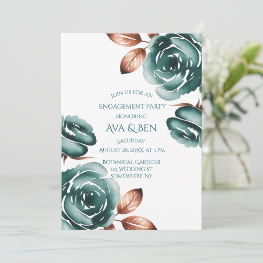 Teal Roses and Copper Leaves Wedding Shower 招待状 (スタンド正面)