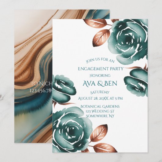 Teal Roses and Copper Leaves Wedding Shower 招待状 (正面/裏面)