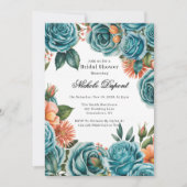 Teal Roses and Orange Floral Bridal Shower 招待状 (正面)