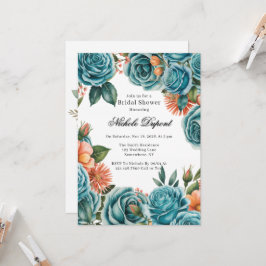 Teal Roses and Orange Floral Bridal Shower 招待状