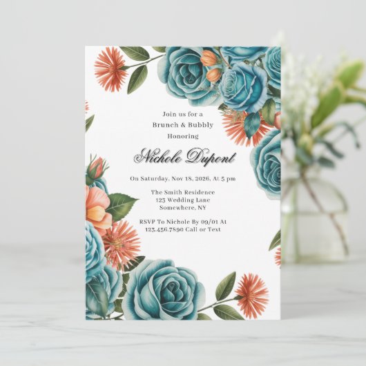 Teal Roses and Orange Floral Brunch & Bubbly 招待状 (スタンド正面)
