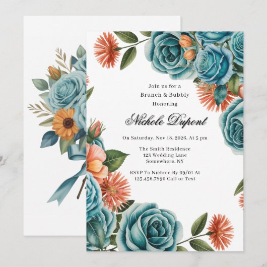 Teal Roses and Orange Floral Brunch & Bubbly 招待状 (正面/裏面)
