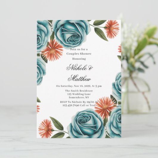Teal Roses and Orange Floral Couples Shower 招待状 (スタンド正面)