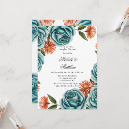 Teal Roses and Orange Floral Couples Shower 招待状