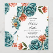 Teal Roses and Orange Floral Couples Shower 招待状 (正面/裏面)