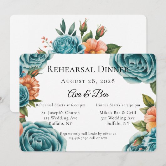 Teal Roses and Orange Floral Rehearsal Dinner 招待状 (正面/裏面)