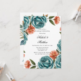Teal Roses and Orange Floral Wedding Celebration  招待状