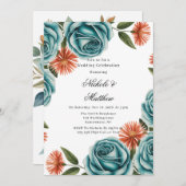 Teal Roses and Orange Floral Wedding Celebration  招待状 (正面/裏面)