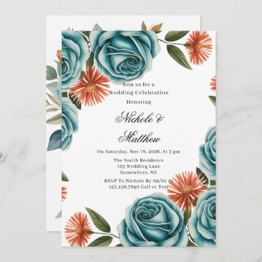 Teal Roses and Orange Floral Wedding Celebration  招待状 (正面/裏面)