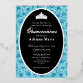 Teal Roses Elegant Silver Floral Quinceanera 箔招待状 (正面)