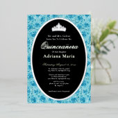 Teal Roses Elegant Silver Floral Quinceanera 箔招待状 (立ち正面)