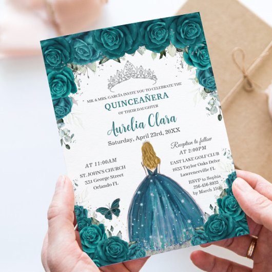 Teal Roses Floral Blonde Princess Quinceanera 16th 招待状