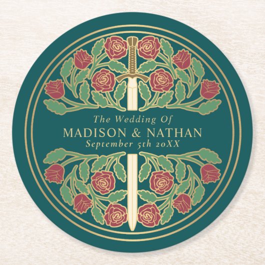 Teal Royal Medieval Gold Sword Wedding ラウンドペーパーコースター (正面)