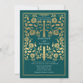 Teal Royal Medieval Gold Sword Wedding QR Code 招待状 (正面)