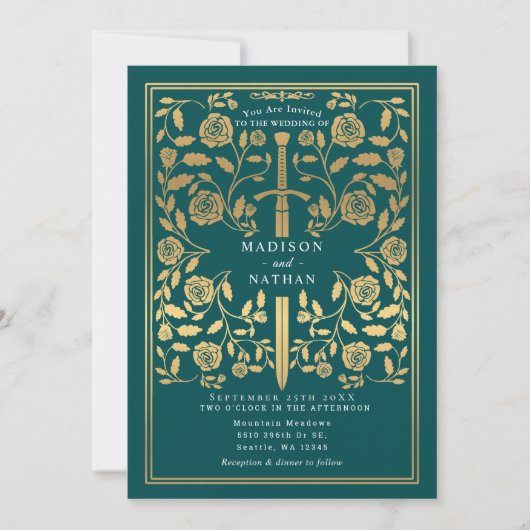 Teal Royal Medieval Gold Sword Wedding QR Code 招待状 (正面)