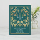 Teal Royal Medieval Gold Sword Wedding QR Code 招待状 (スタンド正面)