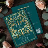 Teal Royal Medieval Gold Sword Wedding QR Code 招待状
