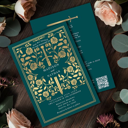Teal Royal Medieval Gold Sword Wedding QR Code 招待状