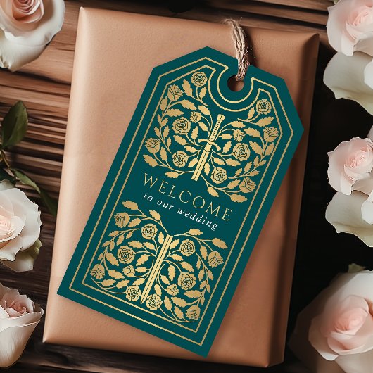 Teal Royal Medieval Gold Sword Wedding Welcome ギフトタグ