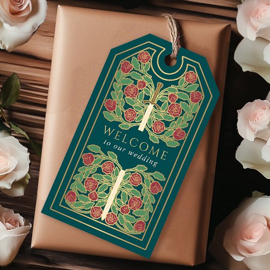 Teal Royal Medieval Gold Sword Wedding Welcome ギフトタグ