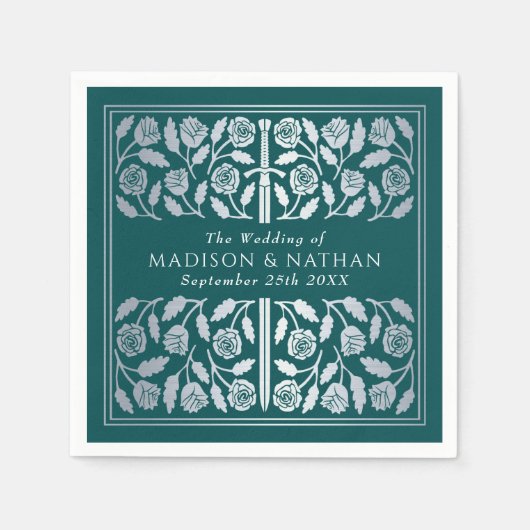 Teal Royal Medieval Silver Sword Wedding スタンダードカクテルナプキン (正面)
