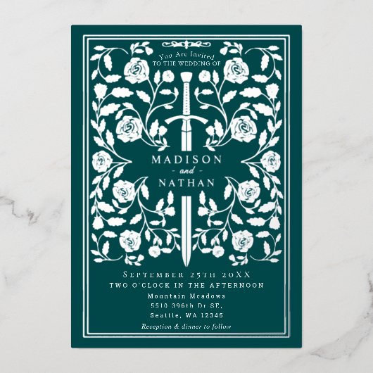 Teal Royal Medieval Silver Sword Wedding 箔招待状 (正面)