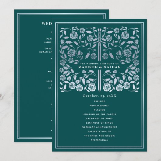 Teal Royal Medieval Silver Sword Wedding Program プログラム (正面/裏面)