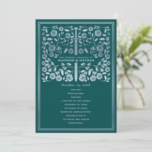 Teal Royal Medieval Silver Sword Wedding Program プログラム (スタンド正面)