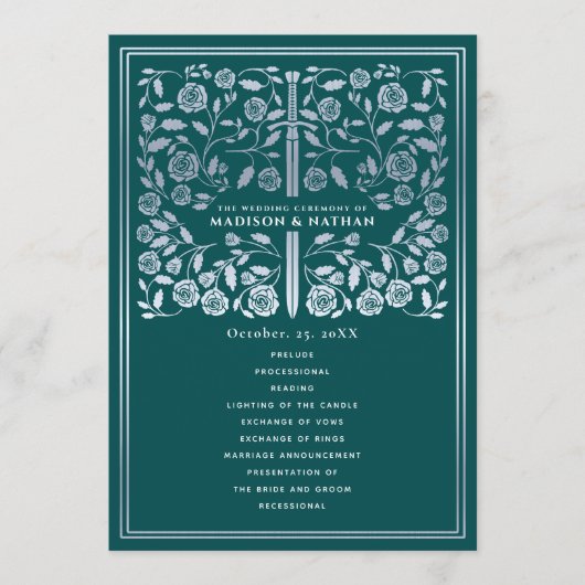 Teal Royal Medieval Silver Sword Wedding Program プログラム (正面)