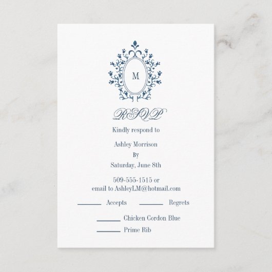 teal RSVP card Monogram With 2 Entree Choice エンクロージャーカード (正面)