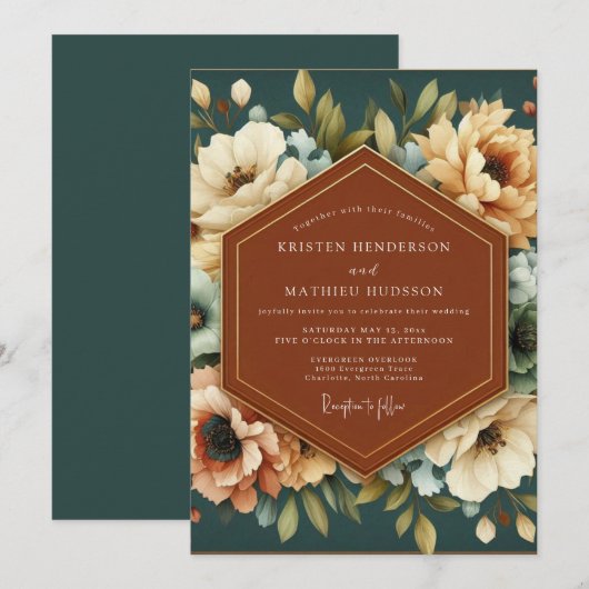 Teal Russet Painterly Wedding 招待状 (正面/裏面)