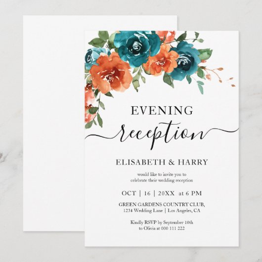 Teal Rust Burnt Orange Floral Fall Wedding  招待状 (正面/裏面)