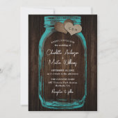 Teal Rustic Wood Burlap Hearts Mason Jar Wedding 招待状 (正面)