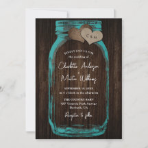 Teal Rustic Wood Burlap Hearts Mason Jar Wedding