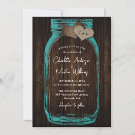 Teal Rustic Wood Burlap Hearts Mason Jar Wedding 招待状