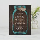 Teal Rustic Wood Burlap Hearts Mason Jar Wedding 招待状 (スタンド正面)