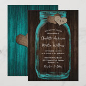 Teal Rustic Wood Burlap Hearts Mason Jar Wedding 招待状 (正面/裏面)