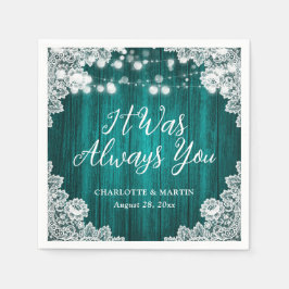 Teal Rustic Wood Floral Lace Wedding スタンダードカクテルナプキン