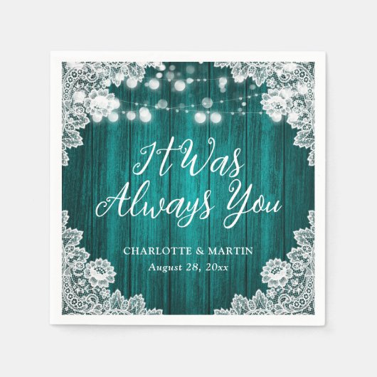 Teal Rustic Wood Floral Lace Wedding スタンダードカクテルナプキン (正面)