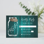 Teal Rustic Wood Mason Jar Burlap Hearts Wedding 出欠カード (スタンド正面)