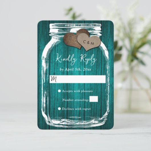Teal Rustic Wood Mason Jar Fall Wedding 出欠カード (スタンド正面)
